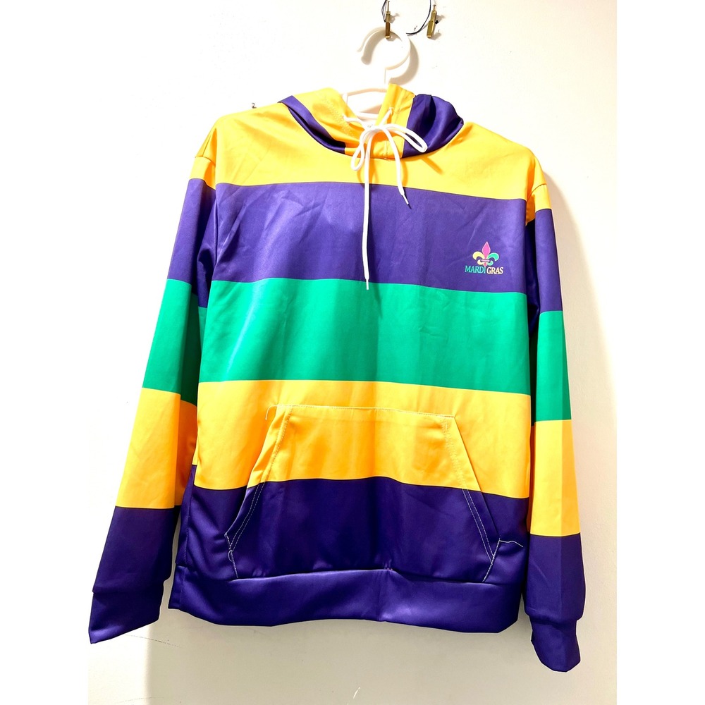 Mardi Gras Hoodie Mens Medium Purple Green Gold Striped Fleur De Lis Pullover
